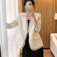 AEMAPE蕾絲拼接小香風(fēng)西裝外套女2025年春季新款韓系溫柔風(fēng)顯瘦西服休閑 米白色 常規(guī) L 105-125斤