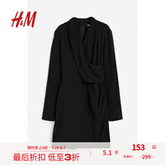 H&M女裝連衣裙夏季女士垂褶裹身長(cháng)袖V領(lǐng)垂墜短裙1197064 黑色 170/116