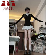 萬(wàn)欣兒學(xué)院風(fēng)polo領(lǐng)假兩件長(cháng)袖百褶連衣裙女秋季新款辣妹修身氣質(zhì)短裙子 假兩件連衣裙 M 建議85-100斤