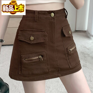 初徑2025新款水洗牛仔短裙半身裙女秋冬款高腰復古顯瘦字工裝一步 咖啡色 2XL