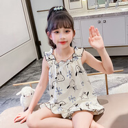 女童夏季睡衣新款中大童無(wú)袖吊帶睡裙兩件套裝小女孩可外穿家居服 杏色卡通 瓊瑛5007 120 cm 建議身高120cm左右