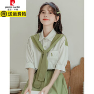皮爾卡丹（pierre cardin）甜系少女穿搭上衣設計感小眾夏季2025年新款學(xué)院風(fēng)披肩襯衫女短袖 綠條紋上衣 S (偏大90-105)