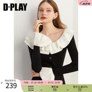 DPLAY2025年春季一字肩上衣設計感毛衣黑色別致針織衫上衣毛衫女 黑拼白針織上衣 XL