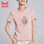貓人（MiiOW）2025夏裝新款珠片葉子刺繡短袖T恤女絲光棉t寬松顯瘦圓領(lǐng)體.恤.衫 優(yōu)雅粉 XL