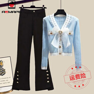 AEMAPE休閑褲女2025春秋冬新款小香風(fēng)時(shí)尚套裝女蝴蝶結(jié)減齡顯瘦百搭 藍(lán)色套裝  XL _建議120-140斤