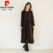 皮爾卡丹秋冬季韓版過(guò)膝連衣裙大裙擺女裝圓領(lǐng)長(cháng)款長(cháng)袖長(cháng)裙氣質(zhì)打底裙大碼 咖啡 L 建議體重80-120斤