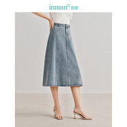 茵曼法式馬面牛仔半身裙女夏復古中高腰高級A字傘裙子 淺牛仔 M