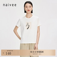 納薇（naivee）商場同款夏新款白色印花圓領(lǐng)合身短袖T恤女休閑上衣 白色 S 155/80A