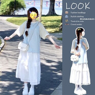 納琳雅Nalinya連衣裙女2025夏季多巴胺套裝裙學(xué)院風(fēng)韓版寬松拼接純棉t恤 藍(lán)色拼接T恤+白花邊半身裙 S 【建議70--90斤】