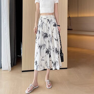 ZGHG夏季薄款雪紡闊腿褲女款七分裙褲松緊腰小個(gè)子國風(fēng)褲裙新款花褲子 黑白花 XS 【建議70-85斤】