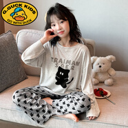 G.DUCKKIDS兒童睡衣女童莫代爾套裝2025春秋新款中大童長(cháng)袖薄款女孩家居服潮 淺灰小貓515aeakqss 150 cm
