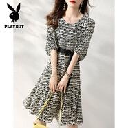 花花公子（PLAYBOY）新款2025夏季時(shí)尚氣質(zhì)收腰氣質(zhì)顯瘦新款印花裙子連衣裙女夏款 黑色 S