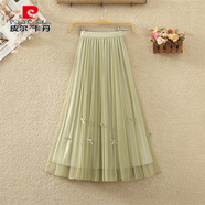 皮爾卡丹兩面穿網(wǎng)紗百褶半身裙女春夏新款中長(cháng)版蝴蝶結A字大擺超火紗裙子 綠色 均碼