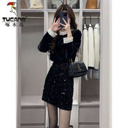 啄木鳥(niǎo)高腰亮片短裙2025新款黑色顯瘦A字包臀裙亮閃閃半身裙子女春夏裝 黑色上衣+款短裙【套裝】 常規 L