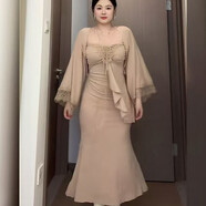 依儷烏微胖mm春裝搭配套裝連衣裙度假貴婦穿搭收腰顯瘦裙子兩件套 卡其色兩件套（自帶胸墊） 3XL 建議160-180斤