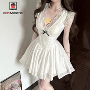 AEMAPE法式初戀小飛袖白色連衣裙女2025夏季感勾花鏤空蕾絲拼接蓬蓬短裙 圖片色 S 【80-95斤】