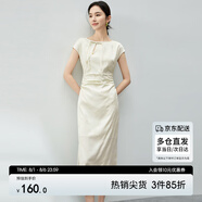 尚都比拉夏季國風(fēng)一字領(lǐng)連肩袖流蘇盤(pán)扣新中式修身旗袍裙女 杏色 M 
