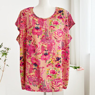 棉綢上衣女加大碼寬松單件套頭短袖薄款微胖mm人造棉家居服t恤衫 國風(fēng)玫紅GFI 7XL 145-185斤