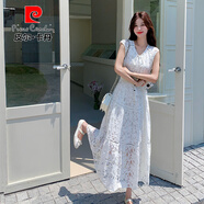 皮爾卡丹針女神氣質(zhì)白色精致蕾絲高腰無袖連衣裙2025夏季優(yōu)雅名媛范V領(lǐng)長 白色 精選版 S 建議105斤以內(nèi)