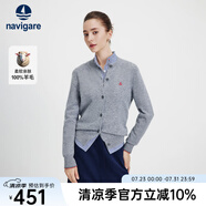 Navigare意大利小帆船毛衣外套女士秋冬款純羊毛圓領(lǐng)羊毛衫氣質(zhì)針織開衫 煙灰 M