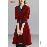 帝柔2025春季新款法式優(yōu)雅紅色長(cháng)袖中長(cháng)A字裙立領(lǐng)收腰歐美拼接裙 紅色 S 90-100斤