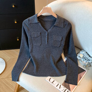 朦朧杏針織衫洋氣30-40歲寬松韓版實(shí)拍翻領(lǐng)polo衫正肩長(cháng)袖針織打底衫女 深灰色 均碼