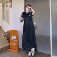 可茵（Keyin）休閑褲女裝套裝2025年夏季新款氣質(zhì)寬松短袖T恤條紋背帶褲子女 上衣+背帶褲 M