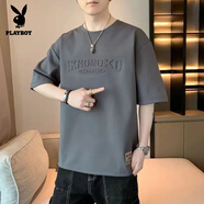花花公子（PLAYBOY）短袖t恤男新款重磅純棉夏季ins潮流寬松大碼半袖鋼印體恤衫上衣 灰色 2XL  140-160斤