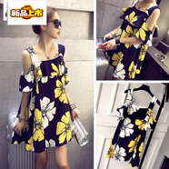 皮爾卡丹（pierre cardin）荷葉邊露肩一字領(lǐng)顯瘦吊帶裙波西米亞雪紡大碼連衣裙時(shí)尚印花短裙 圖片色 2XL [建議135-155斤]