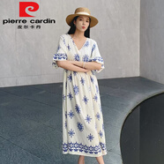 皮爾卡丹（pierre cardin）法式海邊度假顯瘦連衣裙大碼沙灘裙棉麻喇叭袖長裙 米白 XL 適合145~160斤