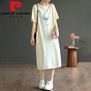 皮爾卡丹（pierre cardin）歐高端女裝時(shí)尚氣質(zhì)通勤中長(zhǎng)裙純棉寬松口袋T恤連衣裙 米白色【月亮鯨魚藍(lán)】今年流行的 M 建議115斤內(nèi)