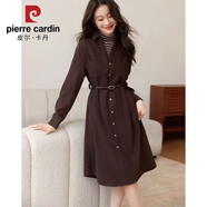 皮爾卡丹通勤長(cháng)袖針織棉直筒連衣裙春秋季新款收腰優(yōu)雅氣質(zhì)假兩件中長(cháng)裙 咖啡色 韓國棉連衣裙 S
