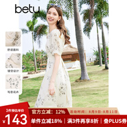 百圖betu女裝夏季新款連衣裙國潮印花圓領夏天收腰裙子2403D01 米白 M