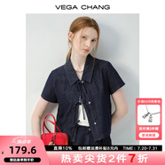 VEGA CHANG襯衫女2025新款夏通勤休閑翻領(lǐng)蝴蝶結(jié)系帶短袖襯衣外套 深牛仔藍(lán)（襯衫） S