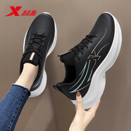 特步女鞋跑步鞋2025新款冬季皮面防水休閑運動(dòng)鞋子女 黑綠 35