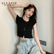 薩拉維夫短袖T恤女2025夏季新款v領(lǐng)冰絲針織修身露臍短裝短款上衣 黑色 S