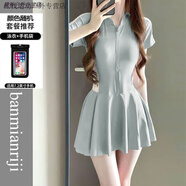 大碼游泳衣女士運動(dòng)溫泉保守連體超仙ins風(fēng)遮肚顯瘦學(xué)生小 [套餐]灰藍9100+手機袋 L[建議100-110斤] 均碼