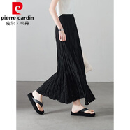 皮爾卡丹亂褶半身裙2025夏季新款顯瘦A字裙垂感休閑大擺傘裙拖地百褶長(cháng)裙 黑色 M