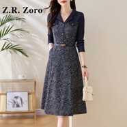 Z.R.Zoro奢侈品長袖連衣裙女2025秋季新款時尚氣質(zhì)通勤收腰顯瘦印花裙子女 藏青 M