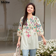 MsShe【V領(lǐng)印花打攬長(zhǎng)款小衫】MsShe大碼女裝2025夏裝胖mm 七分袖-淺杏色現(xiàn)貨 4XL
