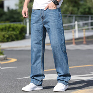簡徒薄款純棉牛仔褲男寬松直筒闊腿加肥加大碼男裝休閑長褲高腰肥佬褲 -12淺藍(lán)【彈力】 薄款 32 /2尺5