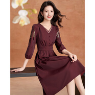 可蓓兒春款七分袖連衣裙女2025新款春季媽媽裝洋氣減齡顯瘦V領(lǐng)裙子 XL