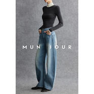 MUNJOURDu家定紡_復(fù)古水洗時髦雅痞寬松顯瘦中高腰繭型佰搭牛仔褲 摩登淺藍(lán) XS