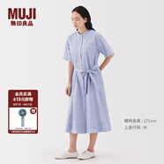無印良品（MUJI）女式 涼感 短袖襯衫連衣裙女裝裙子純棉25年夏季長裙涼感物語 薩克森藍(lán)條紋 M (160/84A)