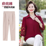 俞兆林中老年女裝夏季新款套裝女中年婦女雪紡老年人衣服兩件套媽媽夏裝 FT256 酒紅色（上衣+卡其褲子） 3XL （建議120-135斤）