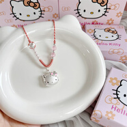 hellokitty項鏈女足銀999寶寶純銀吊墜可愛(ài)凱蒂貓鎖骨鏈生日禮物 hellokitty彩色貓+愛(ài)心橘紅色繩