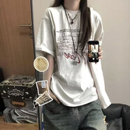 韓潮襲人（HAN CHAO XI REN）美式潮牌純棉印花短袖t恤女夏季寬松圓領百搭學生小眾高級上衣ins 白灰色】高質量重磅260克【#商城品質 S 【90斤內】