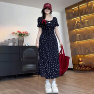 沐霓 大碼胖mm法式甜美碎花連衣裙女夏季蕾絲高級感收腰顯瘦a字長(cháng)裙 藏藍色長(cháng)裙 XL【建議120-140斤】