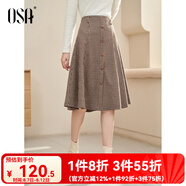 歐莎（OSA）【復(fù)古印象】咖色高腰千鳥格半身裙女秋季新品遮胯顯瘦a字裙 咖色格子 S