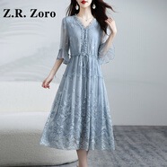 Z.R.Zoro輕奢品牌真絲連衣裙女2025夏季新款法式優(yōu)雅荷葉袖刺繡桑蠶絲裙女 藍(lán)色 XL